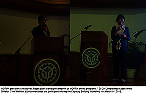MDPPA president Armando B. Reyes gives a brief presentation on MDPPA and its programs. TESDA Competency Assessment Division Chief Nellie A. Llovido welcomes the participants during the Capacity Building Workshop last March 14, 2018.
